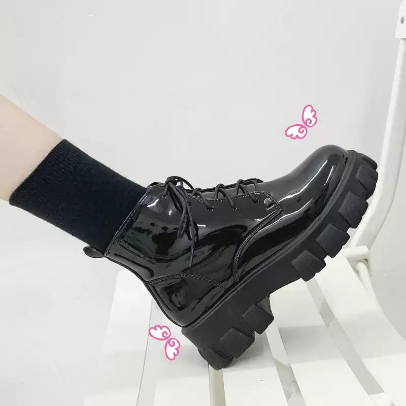 Giầy boots nữ cổ lửng phong cách Hàn Quốc da bóng, da lỳ độn đế siêu hottrend