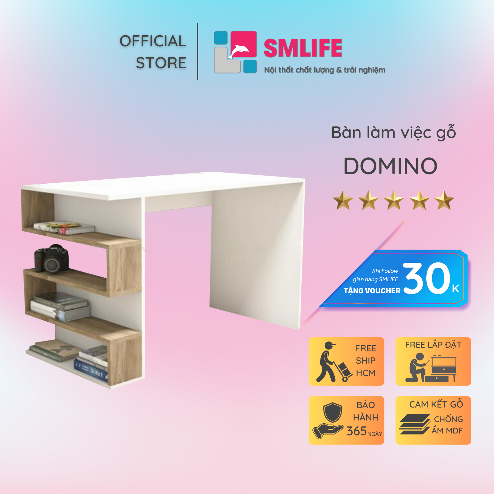 Bàn làm việc bằng gỗ hiện đại thiết kế nhỏ gọn SMLIFE Domino