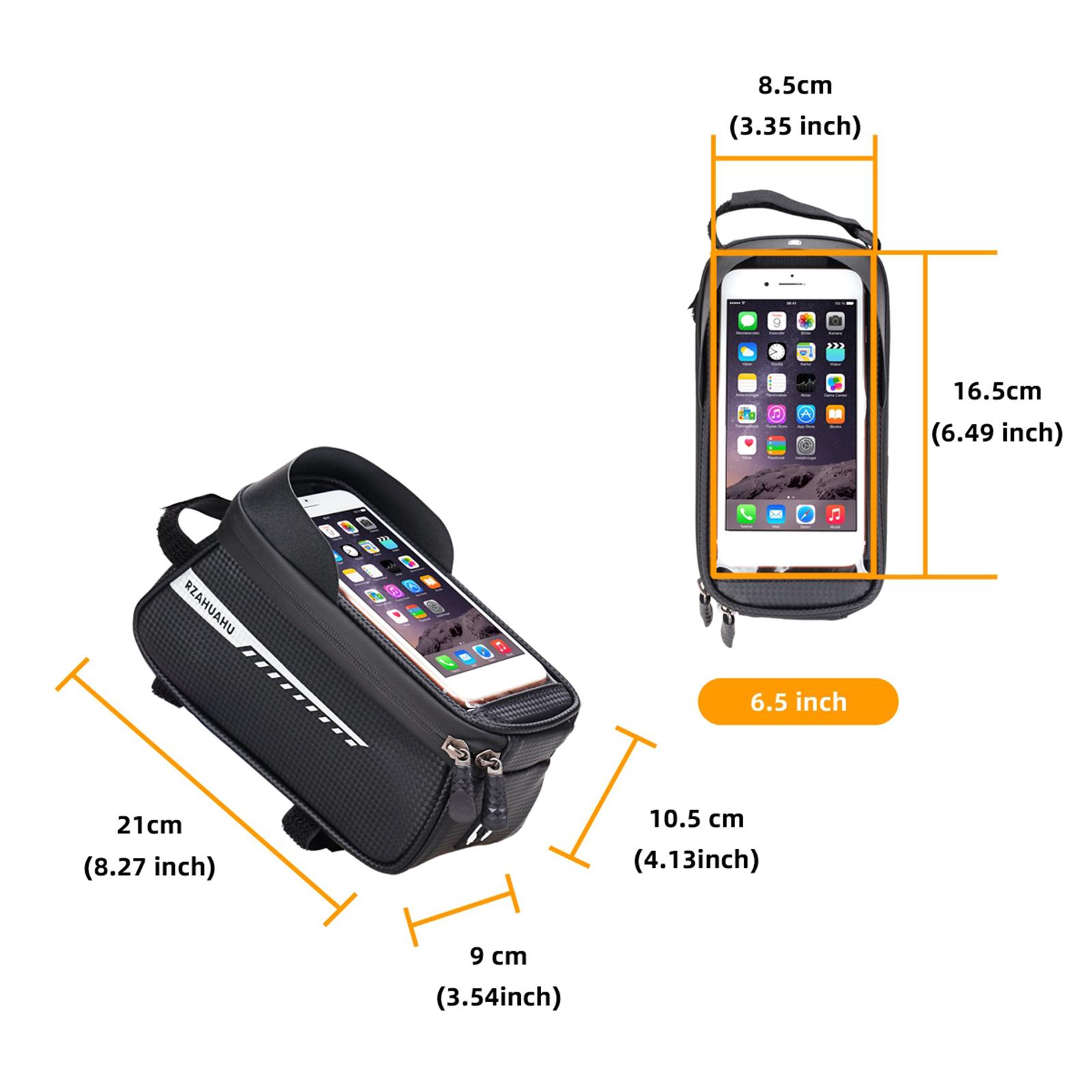 Waterproof Bike Bag Bicycle Top Tube Phone Bag Front Frame Touch Screen 6.5’’ Phone Holder Pouch for Mountain Bike, Folding Bike, Fixed Gear Bike