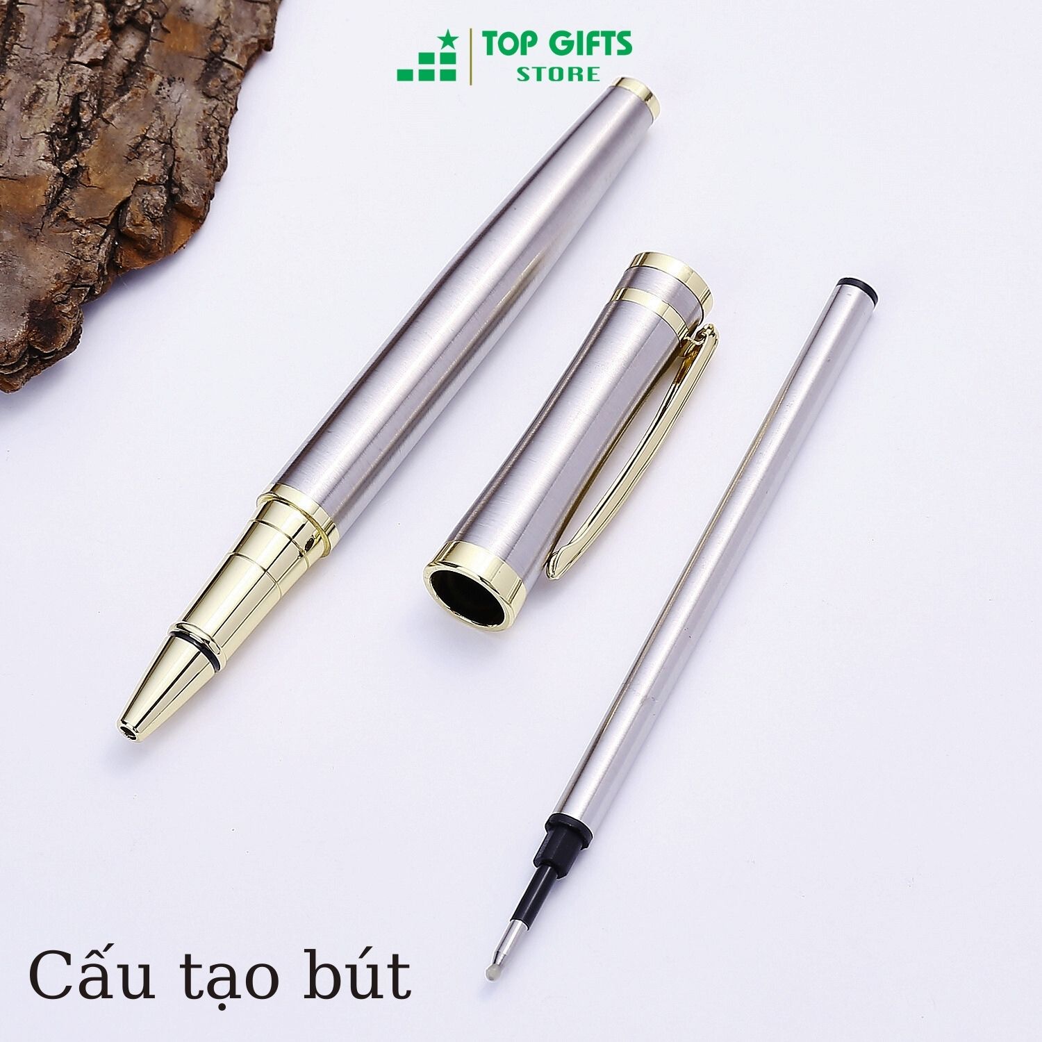 Bút ký khắc tên Alan bạc viền vàng PT023 - ngòi 0.5mm mực xanh