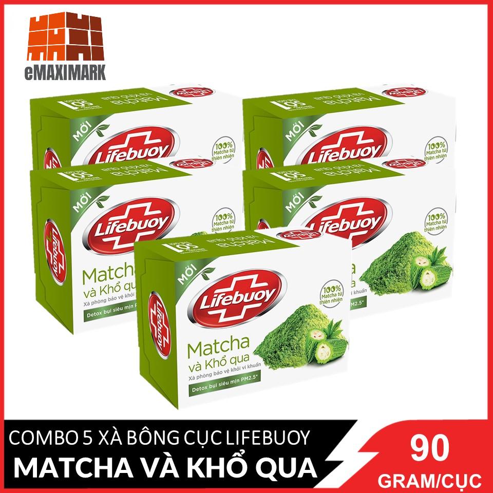 COMBO 5 Xà bông cục Lifebuoy Bảo vệ khỏi vi khuẩn Matcha và Khổ qua (Xanh lá) 90g X5