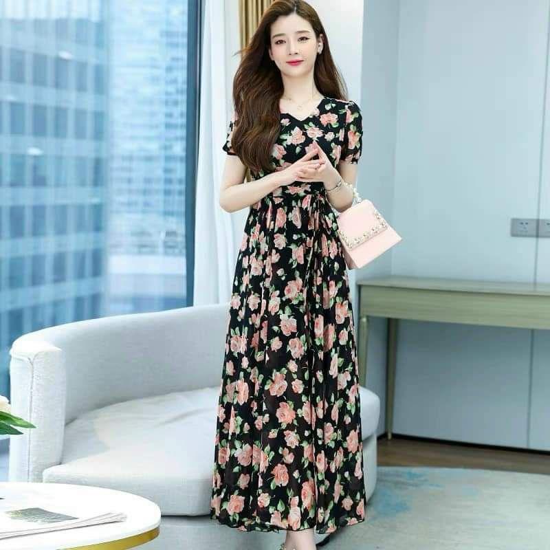 HÀNG NHẬP - ĐẦM MAXI VOAN HOA CỔ TIM DÂY BUỘC EO