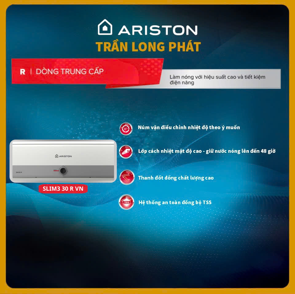 BÌNH NƯỚC NÓNG ARISTON 30 LIT - SLIM3 30R VN - MODEL 2025 - HÀNG CHÍNH HÃNG