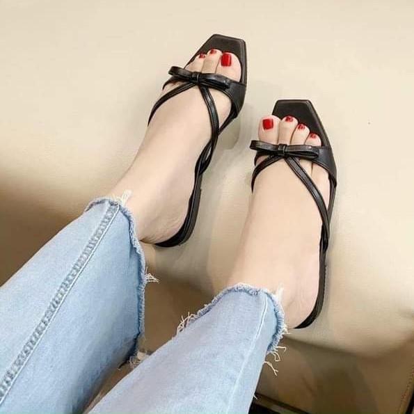 Dép nữ đế bệt thời trang mũi vuông cao 1cm màu đen big size 40 41 42 43 44