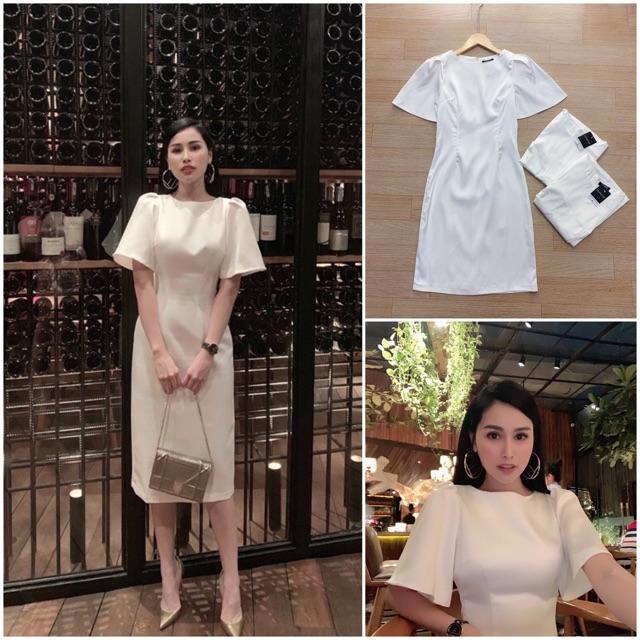 Đầm xoè a lụa trắng tay bồng thiết kế