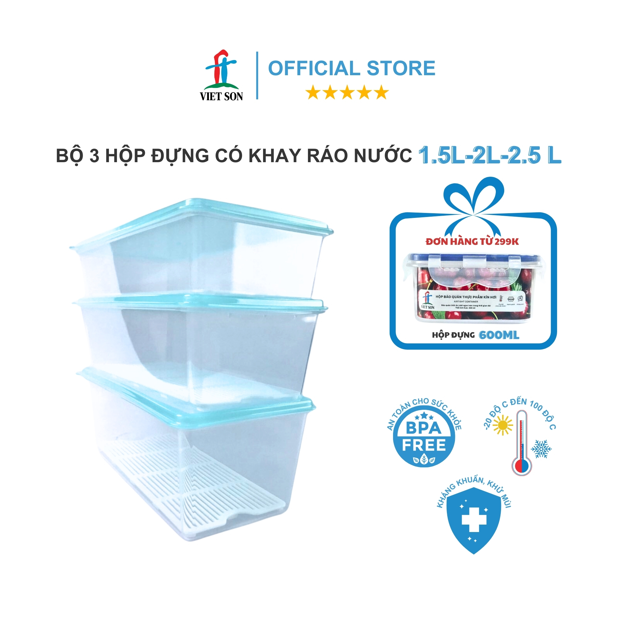 Bộ 3 Hộp Nhựa Thực Phẩm Chữ Nhật Nắp Kín Có Khay Ráo Nước Việt Son 1.5L-2L-2.5L