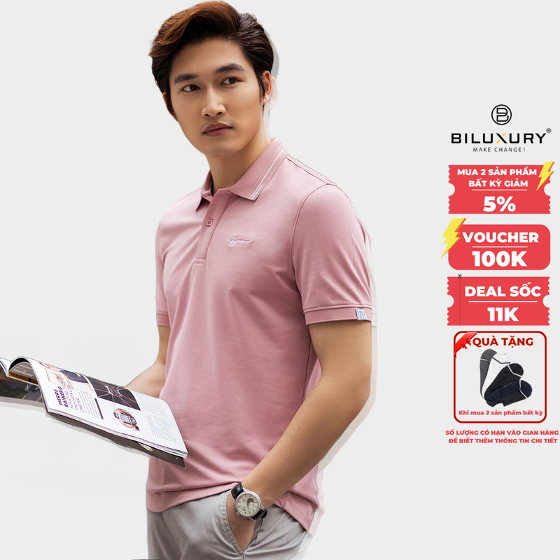 Áo polo nam Biluxury 6APCB002HOG vải dệt pique CVC cao cấp kháng khuẩn chống nhăn co giãn nhẹ