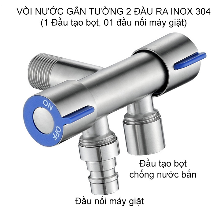 Vòi nước lạnh 2 đầu ra gắn tường bằng, đường kính ren vào ra 21mm, 01 đâu tạo bọt và 01 gắn máy giặt