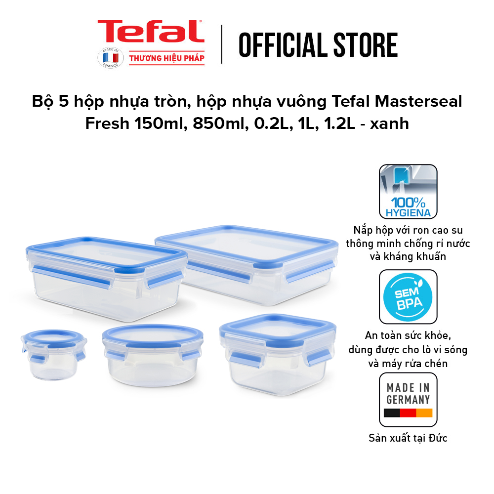Bộ 5 hộp bảo quản thực phẩm nhựa BBA free, Tefal Masterseal Fresh, sản xuất tại Đức (150ml, 850ml, 200ml, 1000ml, 1200ml) - Hàng chính hãng