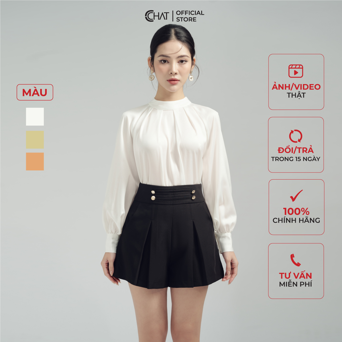 Áo Phối Cổ Buộc Nơ Sau CCHAT Chất Lụa Mềm Mại 13ADL8001ST - M