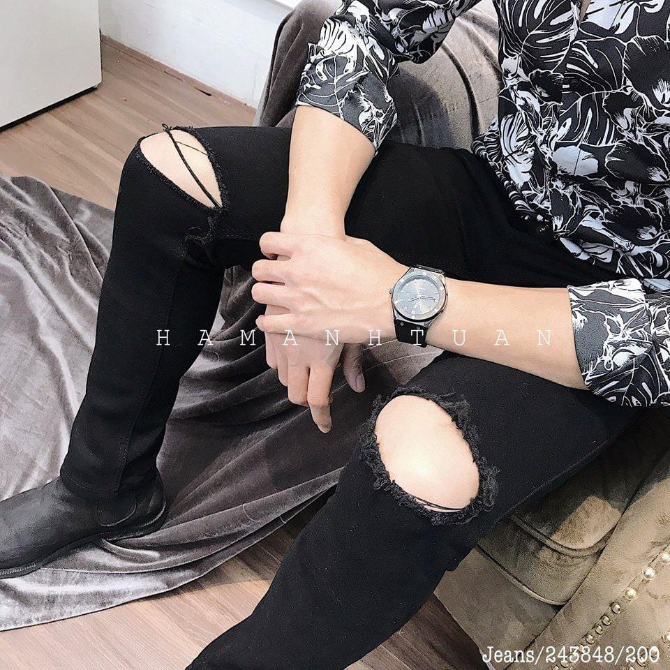 Quần jean đen rách gối