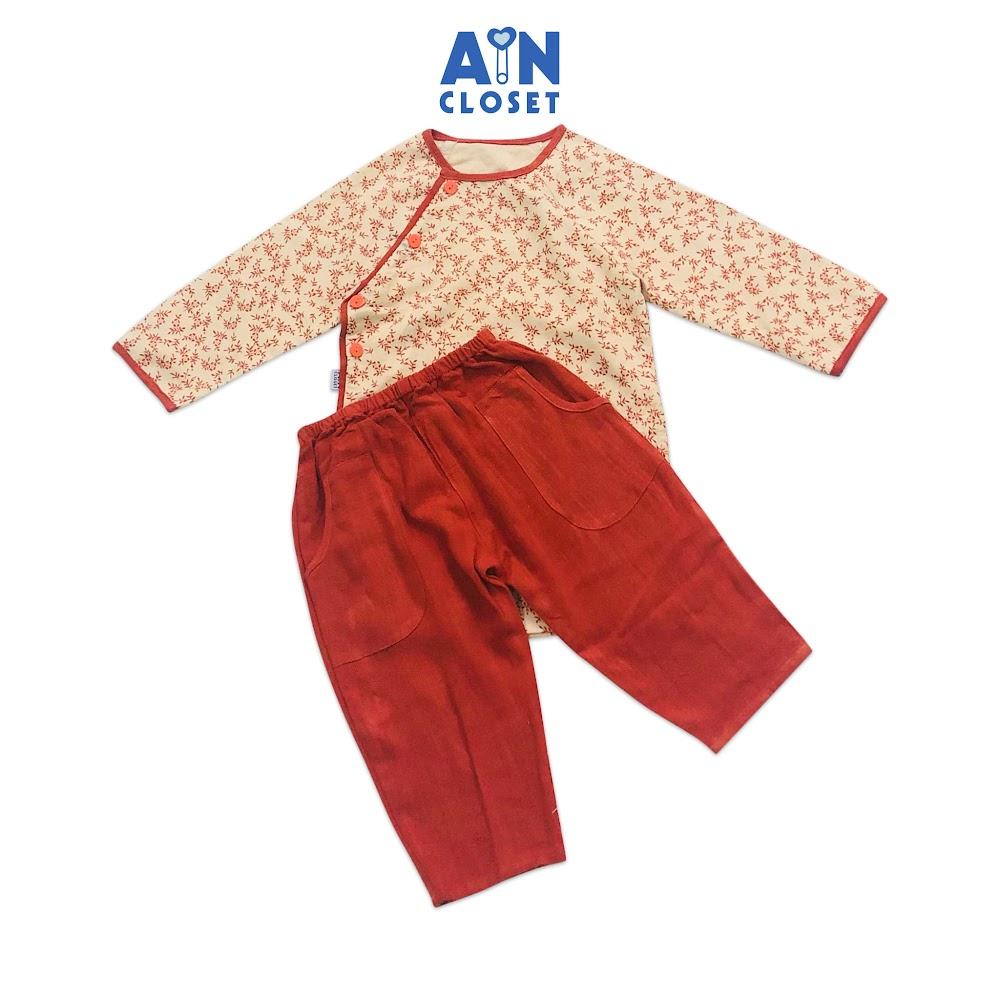 Bộ áo dài bé gái họa tiết Đào đông đỏ thô trà bông - AICDBG3N1IMC - AIN Closet
