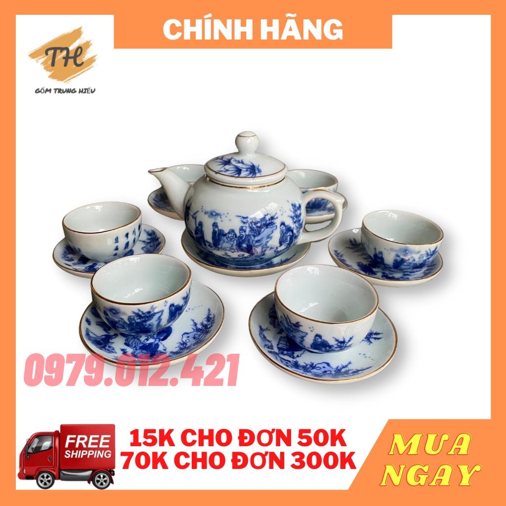 Bộ ấm chén Bát Tràng men lam Quả hồng kẻ chỉ vàng