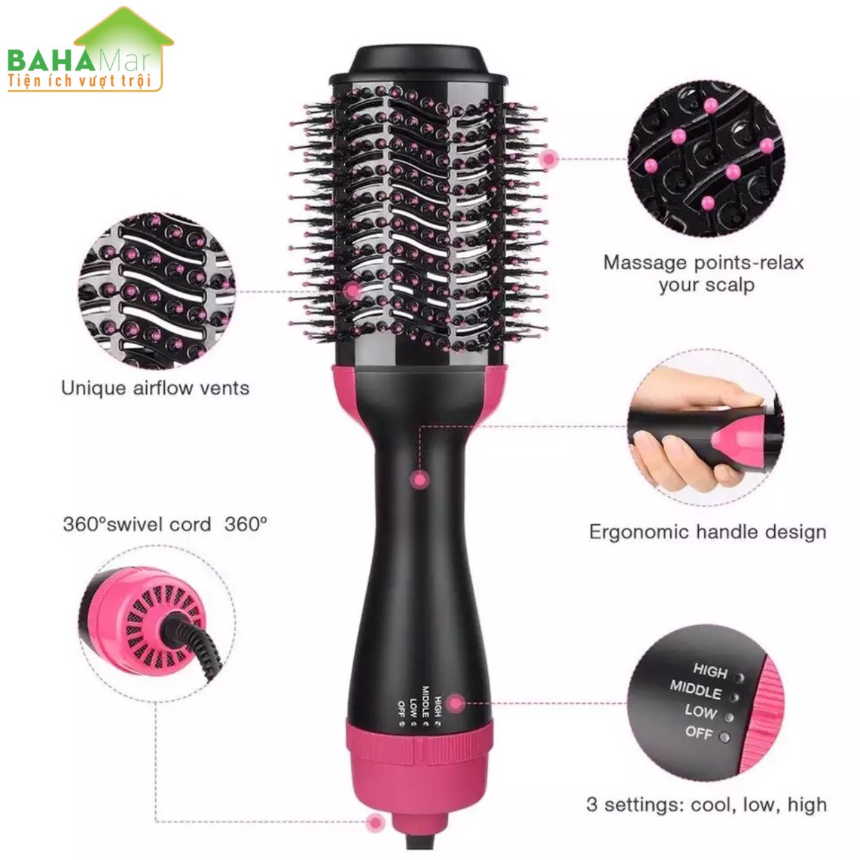 LƯỢC ION SẤY TÓC TẠO KIỂU 4 TRONG 1 BAHAMAR vừa chải tóc vừa sấy tóc và tạo kiểu cho tóc công nghệ ion âm giúp tóc mượt và bóng