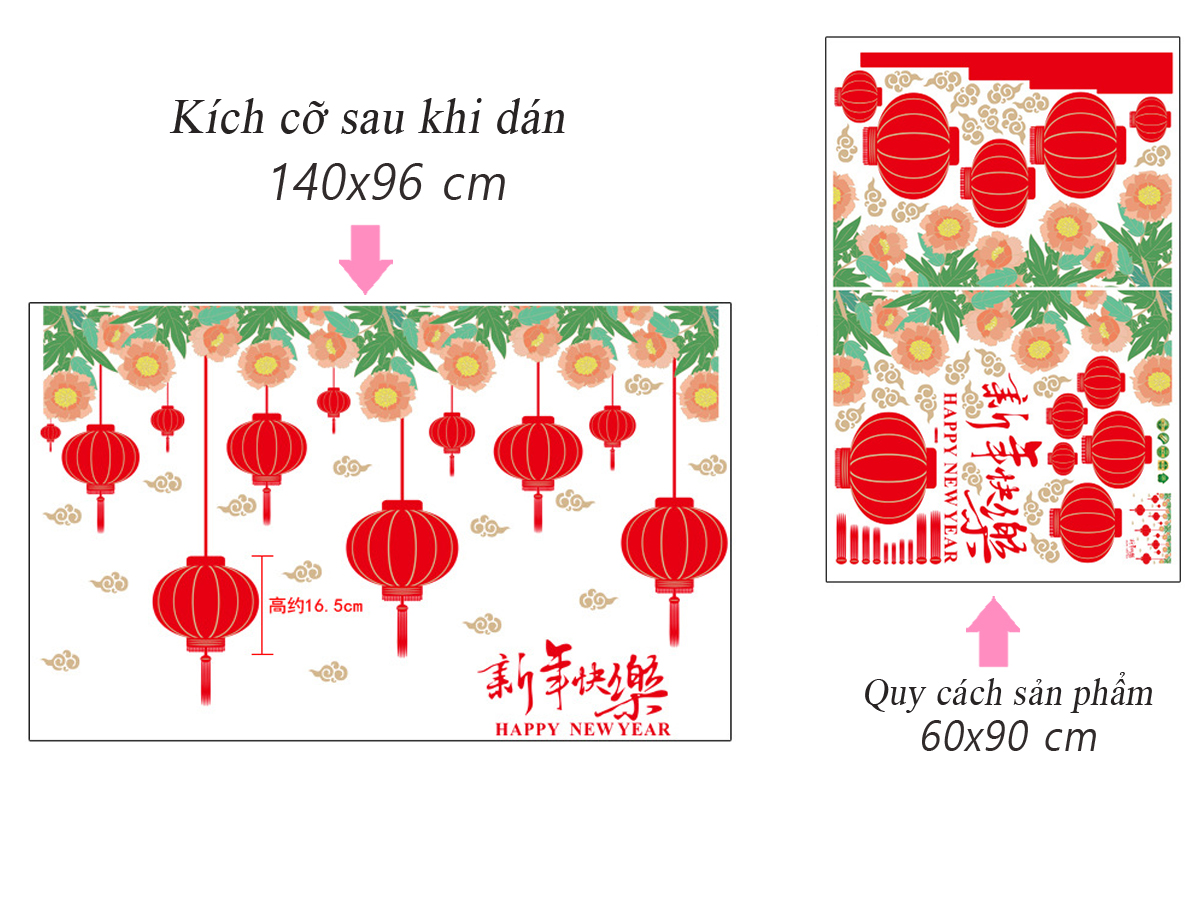Decal trang trí tết-giàn hoa và dây treo lồng đèn
