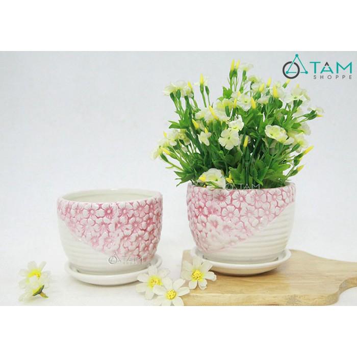 Chậu gốm trồng cây để bàn hoa nổi số 63