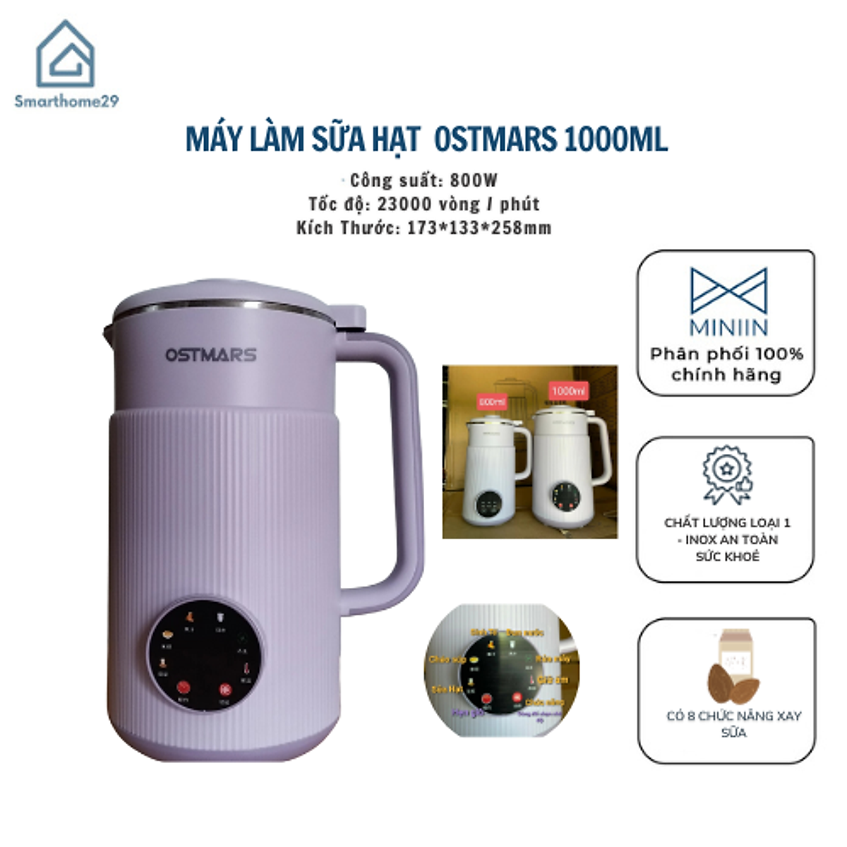 Máy Làm Sữa Hạt, Máy Nấu Sữa Hạt OSTMARS Hàng Chính Hãng 1000ml - 8 Chức Năng Xay Nấu Tiện Lợi
