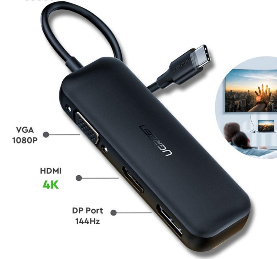 Ugreen UG60568CM260TK USB Type-C Bộ chuyển đổi sang HDMI + VGA + DP vỏ nhôm màu đen - HÀNG CHÍNH HÃNG