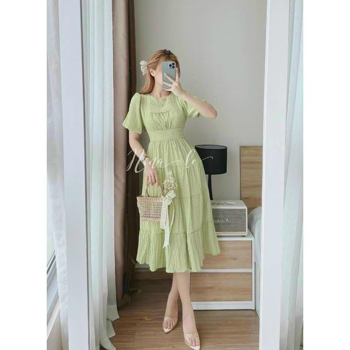 Hình ảnh Đầm maxi dài dáng xòe đi biển, maxi phối 4 mà nhã nhặn cổ tròn tay phồng sexy thời trang nữ mùa hè