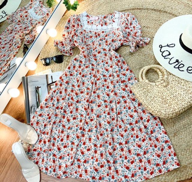 Đầm hoa cổ U viền ren phối tay bo chun