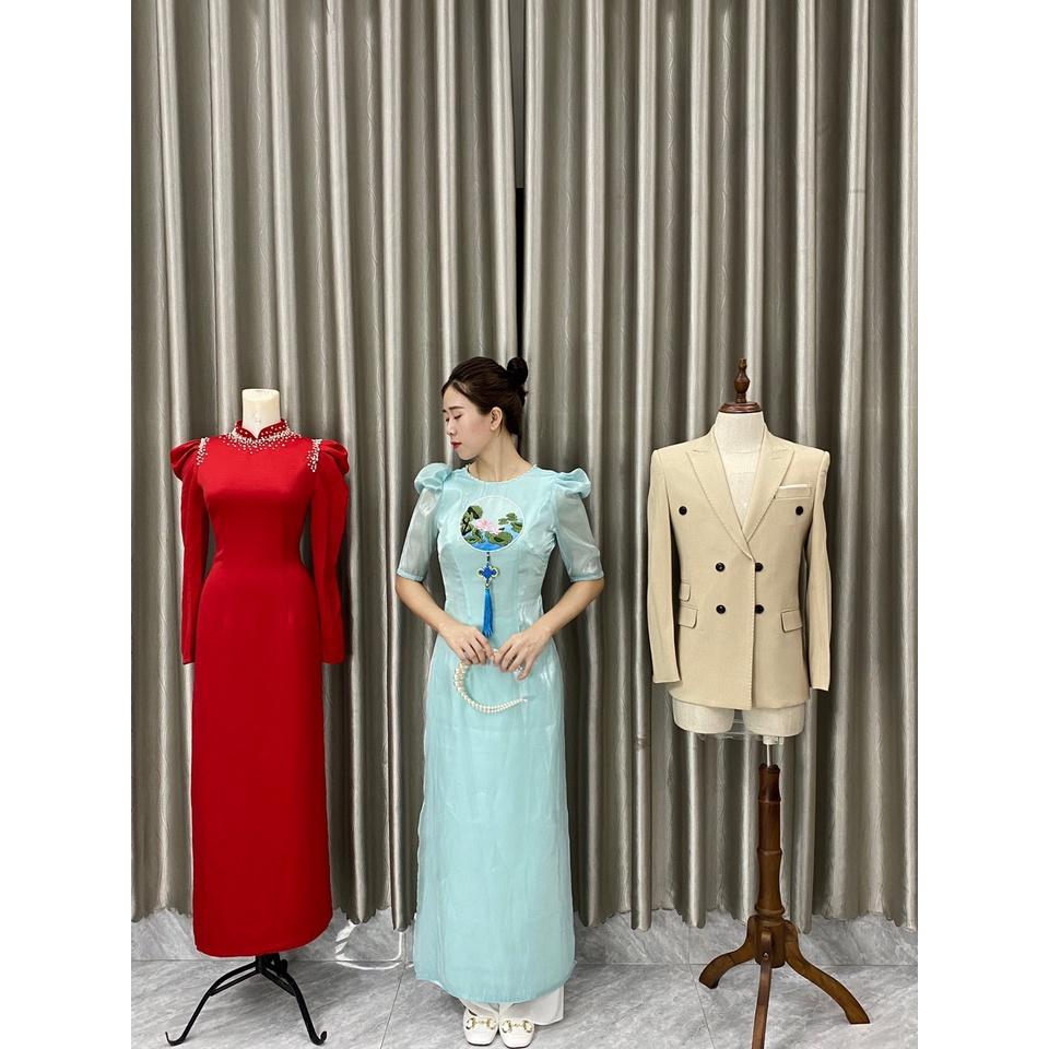 Áo dài đẹp giá sinh viên_chất cao cấp tơ ánh kim lót lụa tông màu xanh nhẹ