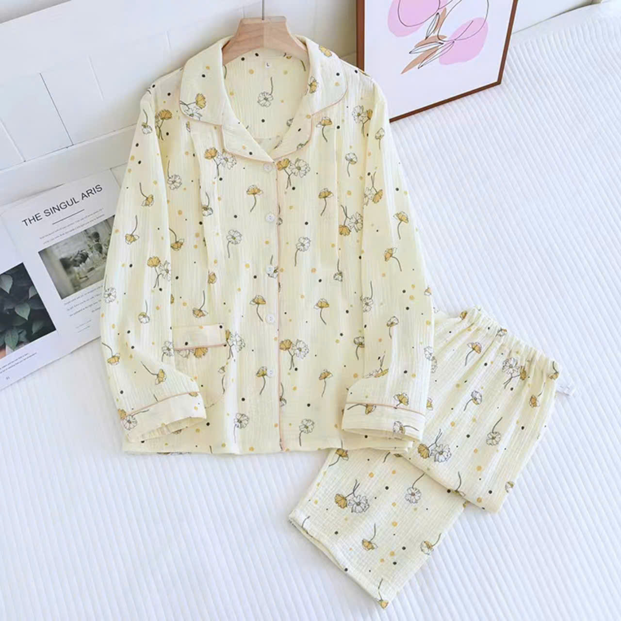 Bộ Đồ Bầu Và Sau Sinh Dài Tay Có Khe Mở Cho Con Bú Chất Liệu Xô Muslin M5