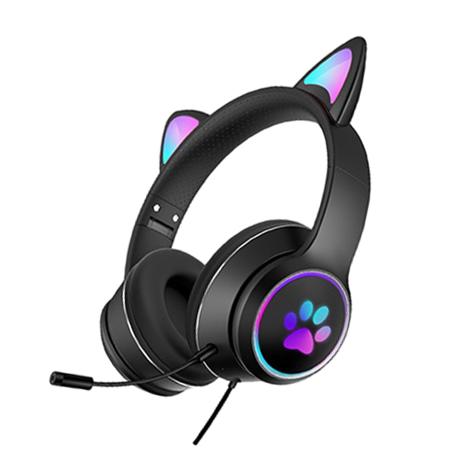 2 Pcs Cat Ear Wired Over-Head Headset RGB Light for PC Noise Reduction