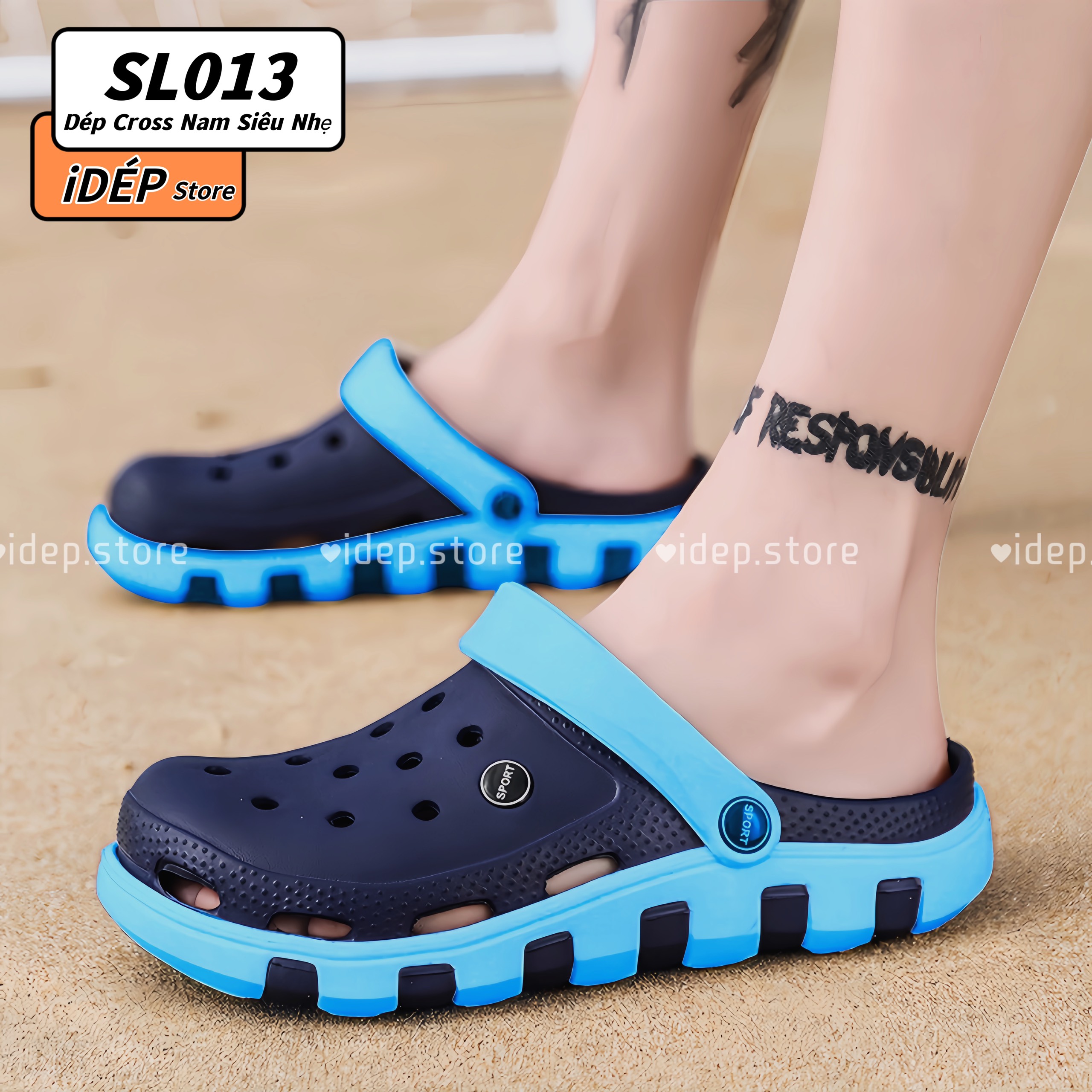 Dép sục Cross XANH DƯƠNG nam quai ngang tặng 4 sticker chất EVA siêu nhẹ iDÉP- SL013