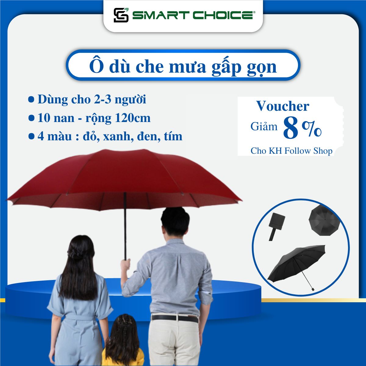 Ô Che Mưa Dù Gấp Gọn 10 nan SMARTCHOICE ( 1 lớp ), Dù Che Mưa Loại Lớn Cao Cấp Rộng 120 cm, Dùng Cho 2-3 Người Thoải Mái