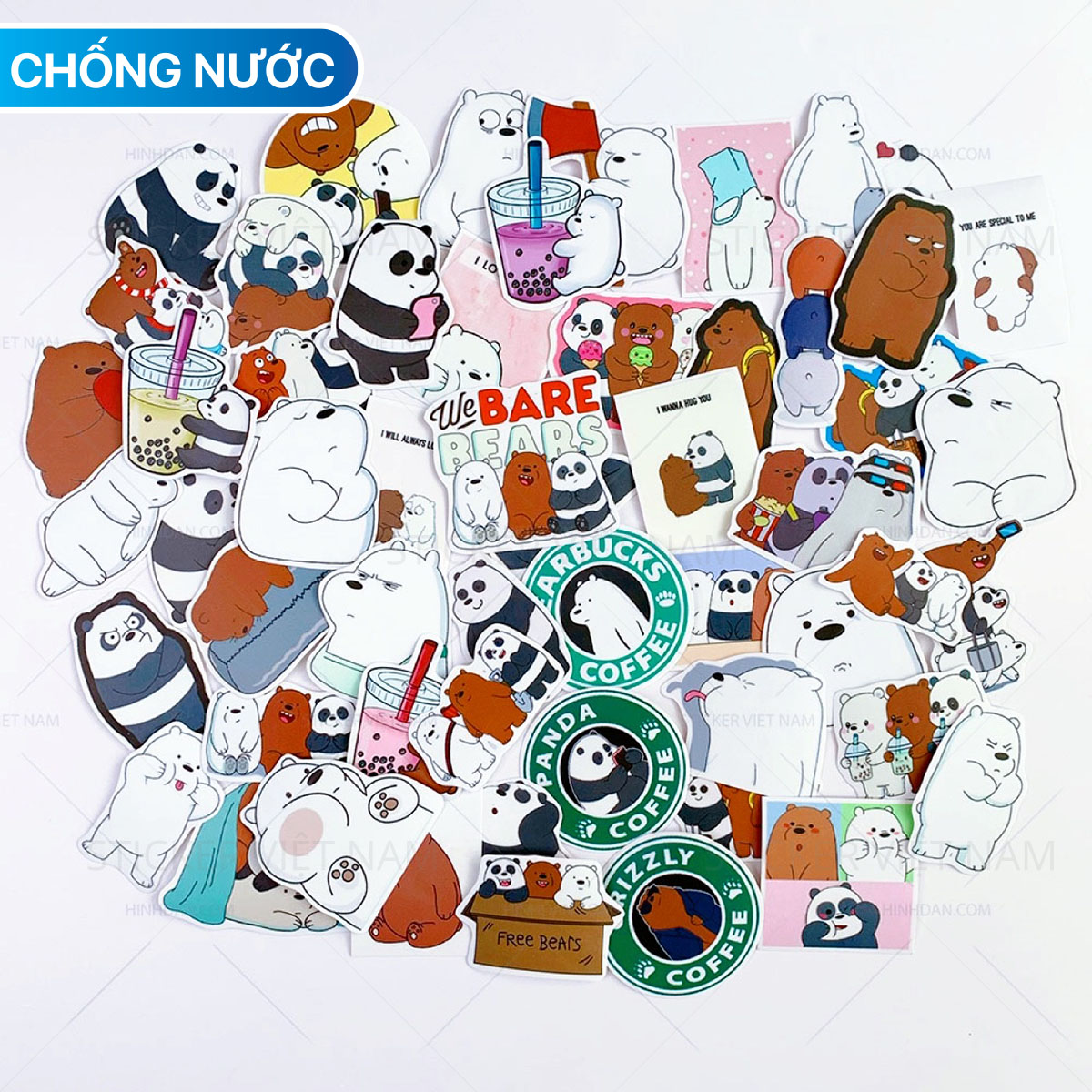 Sticker Ba Chú Gấu - We Bare Bears Siêu Dễ Thương - Chất Liệu PVC Chất Lượng Cao Chống Nước - Kích Thước 4-8cm