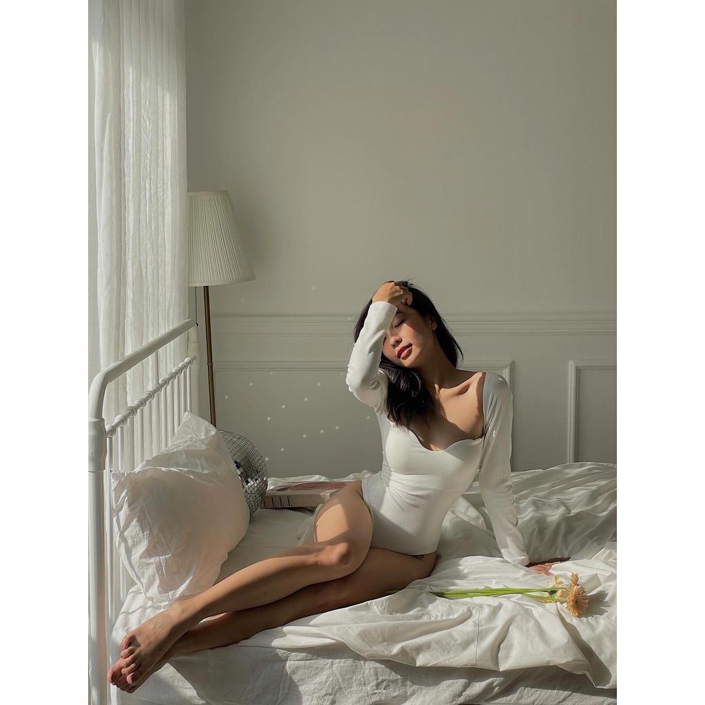 Áo bodysuit tay dài thun gân co giãn có mút ngực