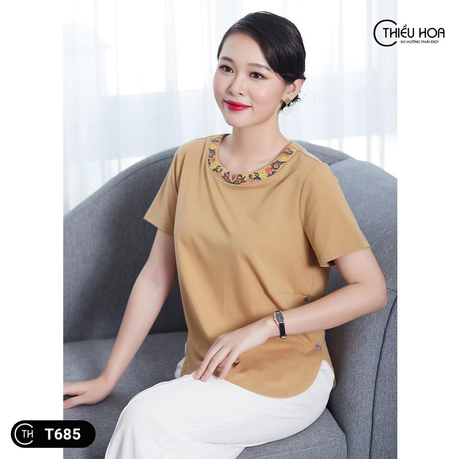 Áo Thun Trung Niên Cotton cao cấp sang trọng chất vải mềm mại thoáng mát , Áo Phông Trung Niên Nữ Đẹp THIỀU HOA T685