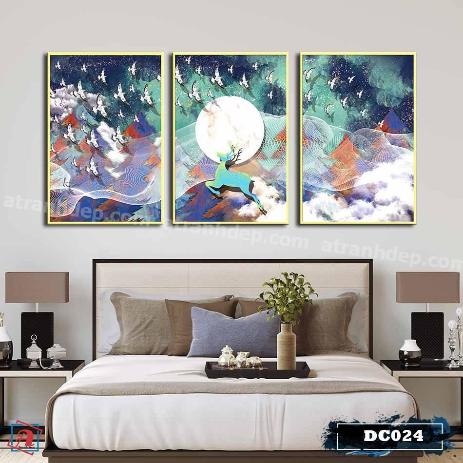 Bộ 3 tranh canvas treo tường Decor họa tiết cách điệu hươu và rừng cây, phong cách hiện đại – DC024