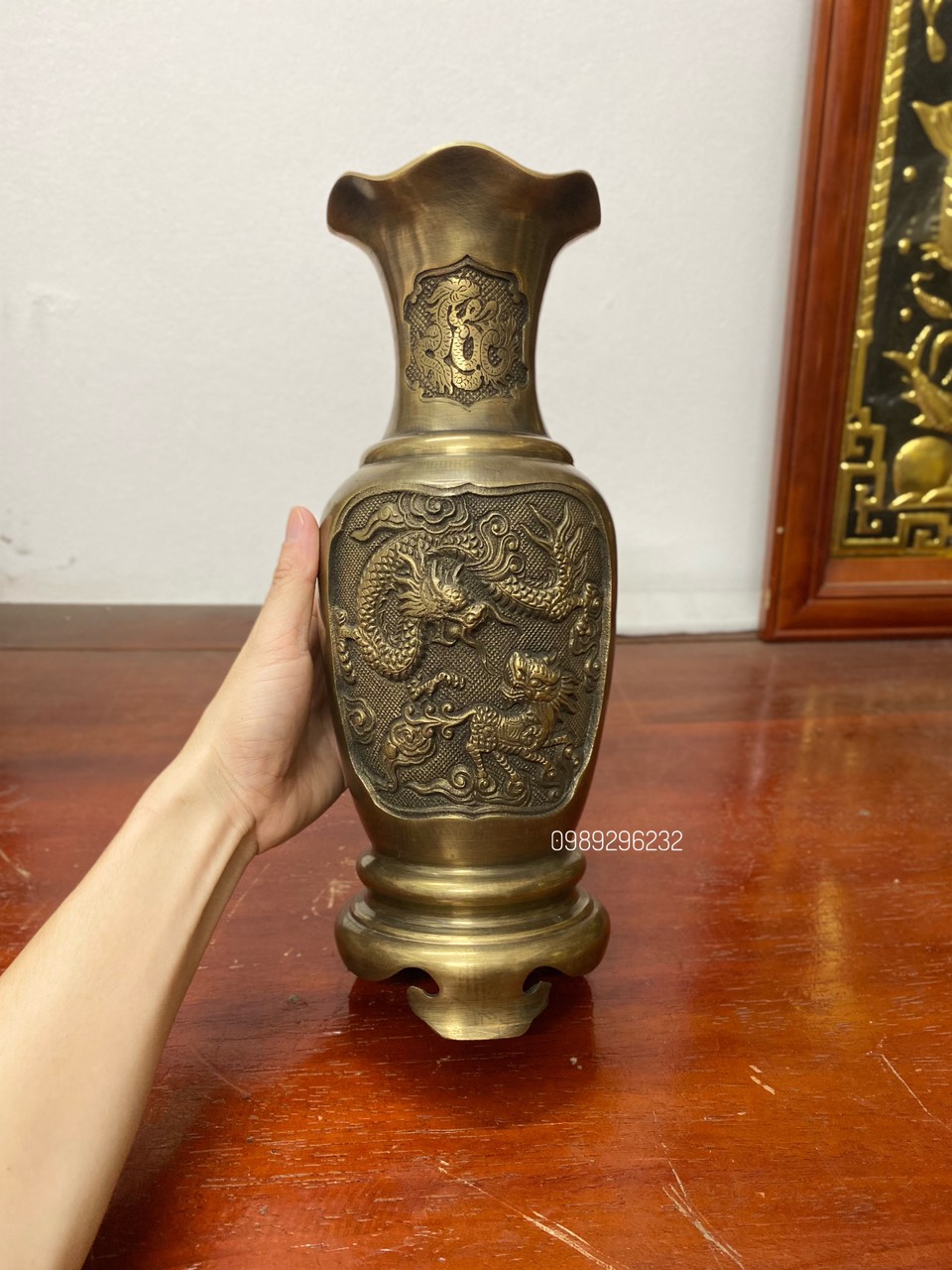 Lọ Hoa Tứ Linh Bằng Đồng hun màu giả cổ 36cm