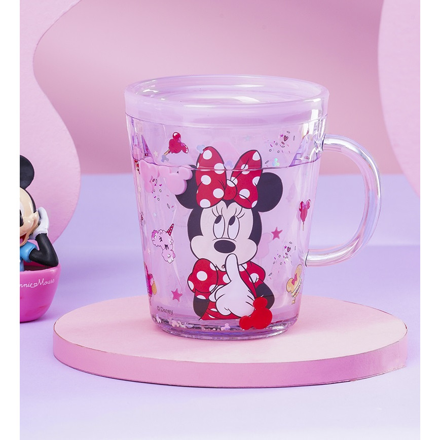 Ly quai cầm tay 2 lớp nhũ nước kim tuyến trong suốt hình chuột Minnie Mouse màu hồng siêu cute cho bé gái 260ml - 118VNDM2504