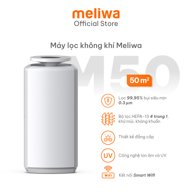 Máy lọc không khí meliwa M50 6 bước Lọc toàn diện với Ion âm khử mùi hôi &amp; UVC diệt khuẩn thương hiệu Singapore