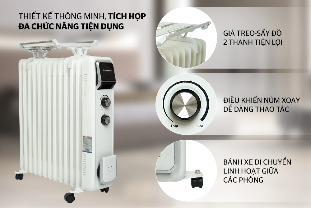 Máy sưởi dầu Sunhouse SHD7084, Công suất 2400W, 13 lá phát nhiệt, làm ấm nhanh, Có giàn phơi - Hàng chính hãng, bảo hành 12 tháng