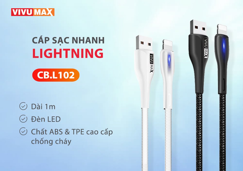 Cáp sạc nhanh và truyền dữ liệu VivuMax L102 đầu sạc Lightning, tương thích hầu hết các sản phẩm có cổng Lightning (IPhone/IPad/AirPods)- Có đèn LED báo tín hiệu, 1m, Dây PVC cao cấp chống cháy – Hàng Chính Hãng