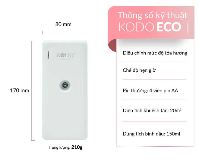 KODO KD ECO - Máy Khuếch Tán Tinh Dầu 15m2 (Bình Dầu Chuyên Dụng), Không Pha Nước, Tặng Kèm Pin