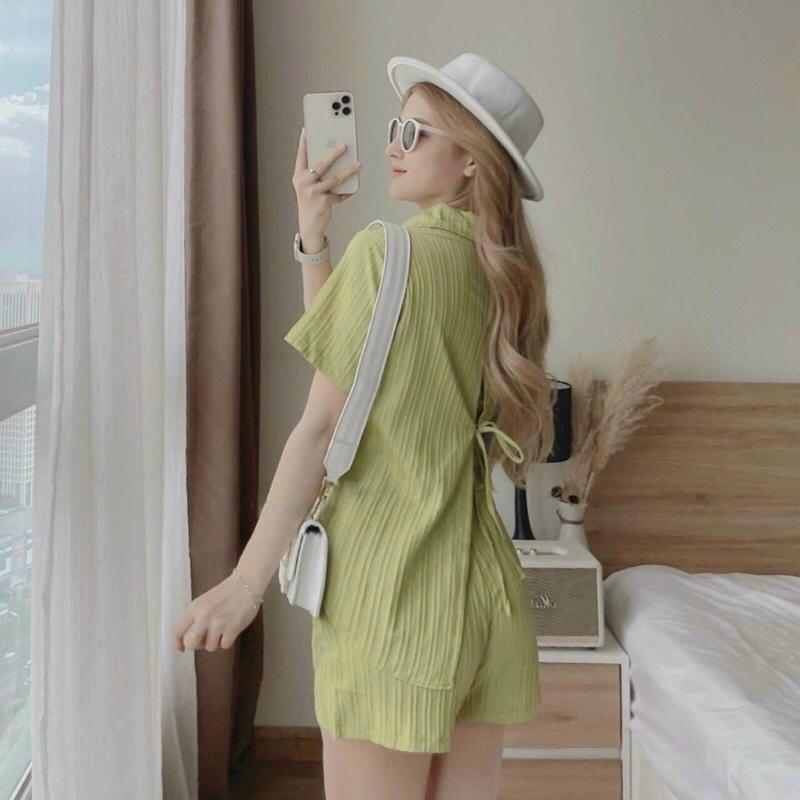 SET ÁO SƠMI XẺ LƯNG CỘT NƠ KÈM QUẦN SHORT NĂNG ĐỘNG TRẺ TRUNG