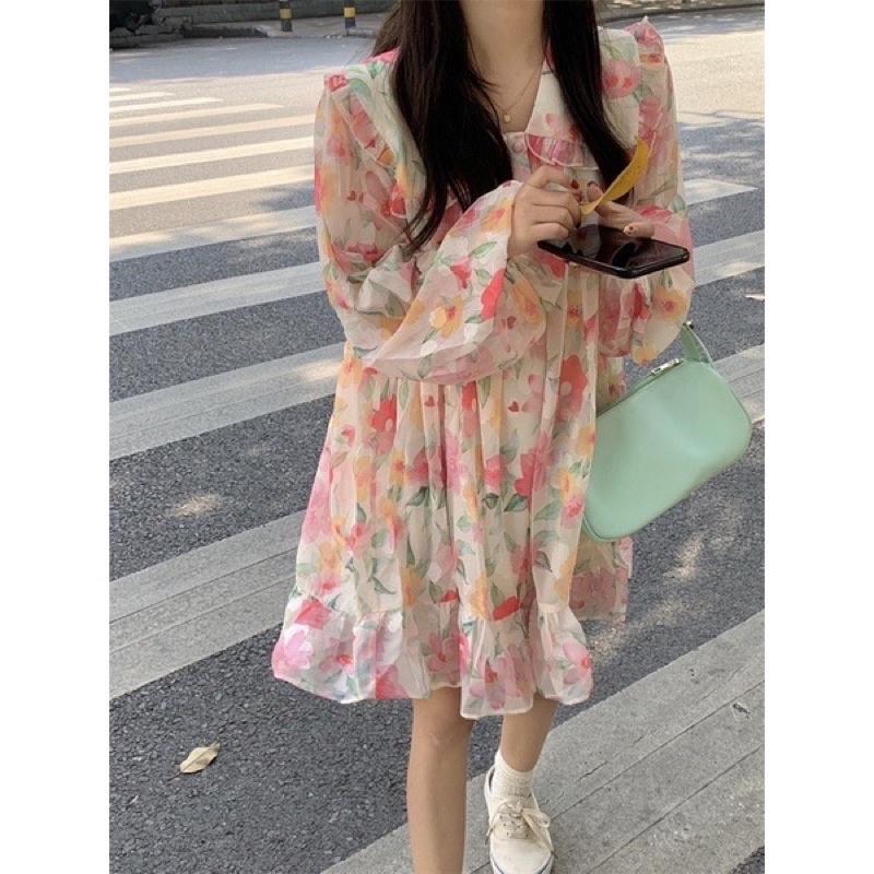 ĐẦM BABYDOLL TAY DÀI HOẠ TIẾT HOA PHONG CÁCH HÀN QUỐC