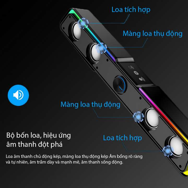 Loa Thanh Bluetooth Soundbar Để Bàn hiệu ứng led RBG DHE6002S Studio QuadSpeak