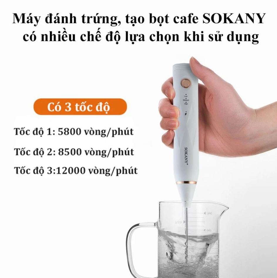 Máy Đánh Trứng Sokany SK-201A Cầm Tay Không Dây Cao Cấp - Máy Tạo Bọt Cafe 3 Tốc Độ Thông Minh Tiện Lợi