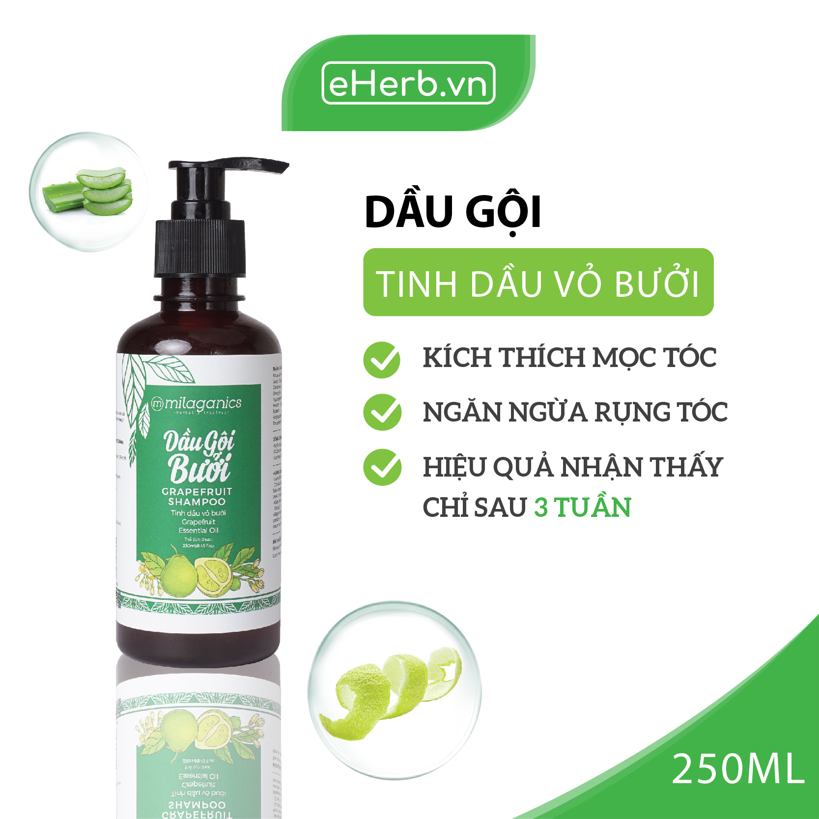 Bộ 4 Sản Phẩm Kích Thích Mọc Tóc Từ Tinh Dầu Bưởi: Dầu Gội, Dầu Xả, Kem Ủ &amp; Serum Bưởi MILAGANICS (850ml/ Bộ)