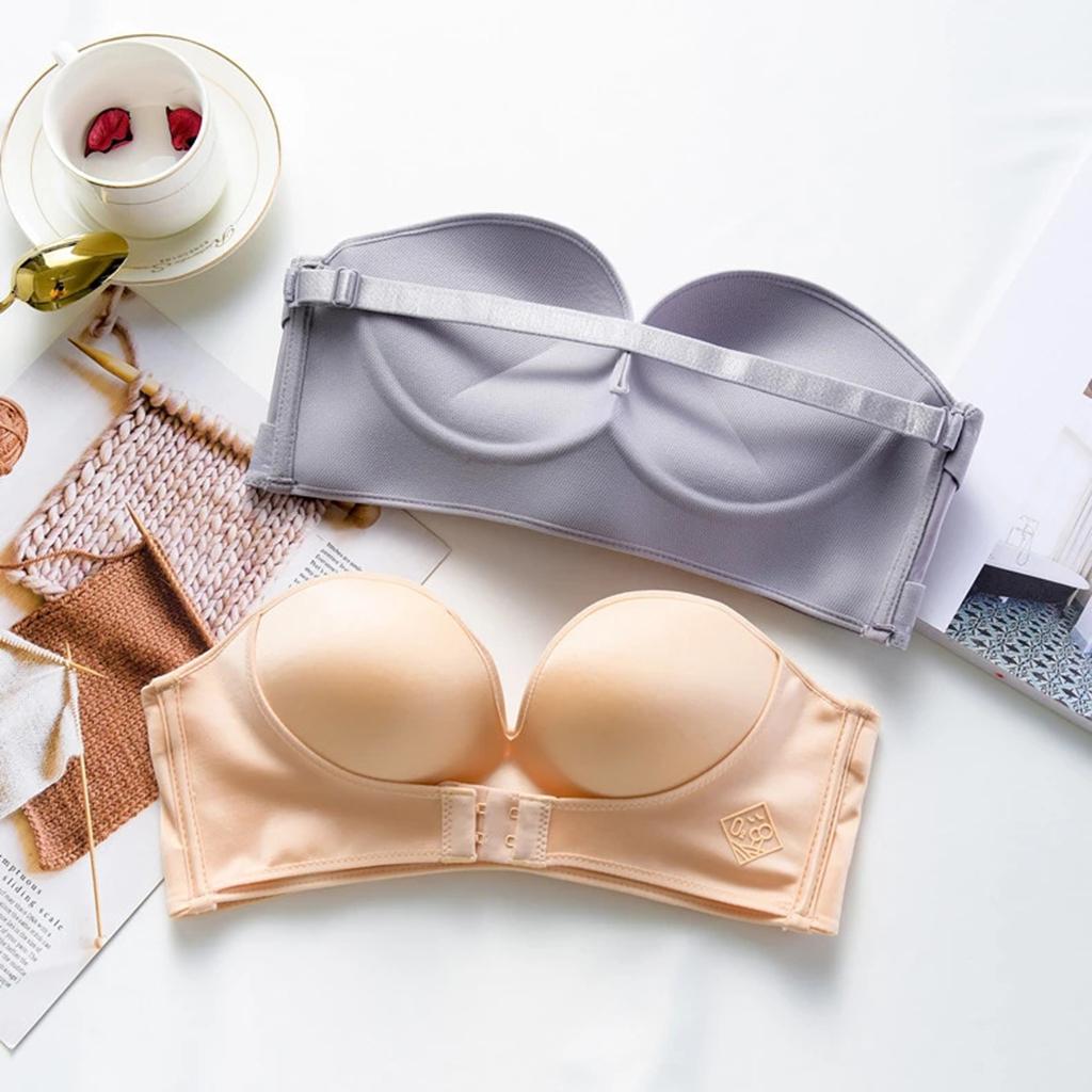 Women's Lift Strapless Bra Front Buckle Bralette Invisible Wirefree Anti-Slip Push Up Underwear 3/4 Cup
