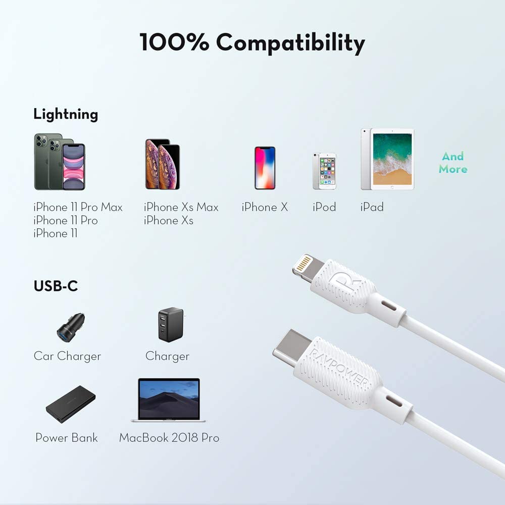 Dây Cáp Sạc USB Type C To Lightning Chuẩn MFI C94, Sạc Nhanh 20W iPhone iPad, Dài 1M RAVPower RP-CB054 - Hàng Chính Hãng