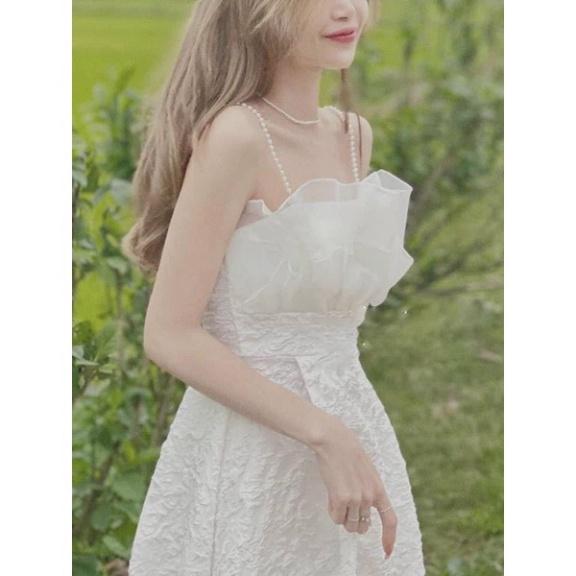 Váy Trắng dự tiệc Thiết Kế Hai Dây Ngọc Xốp Vân Nổi Prince Dress babydoll váy xinh ulzzang - Váy mầu trắng