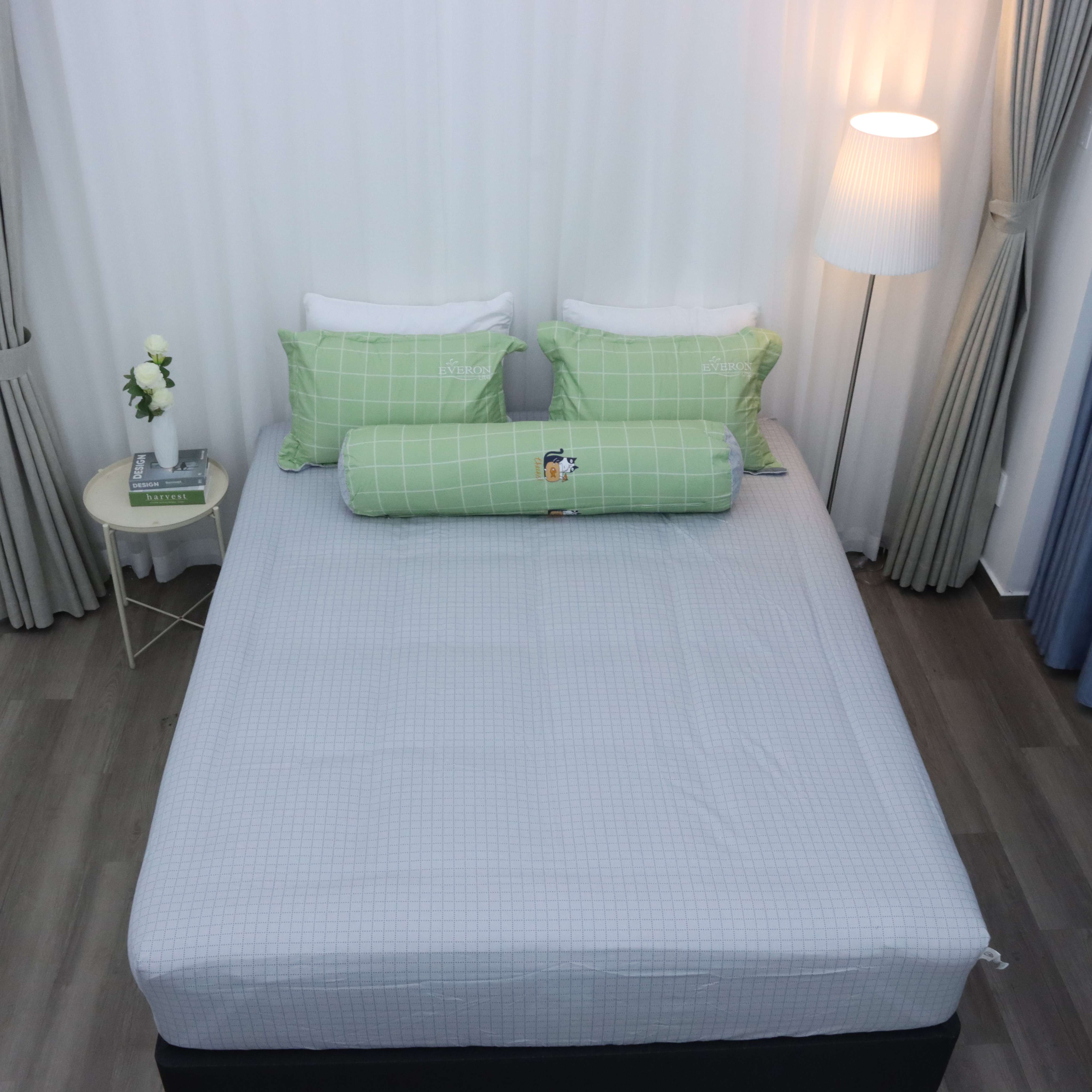 Bộ ga giường Everon Lite ELCP 203  Cotton Xanh phối xám (4 món) - 160x200cm