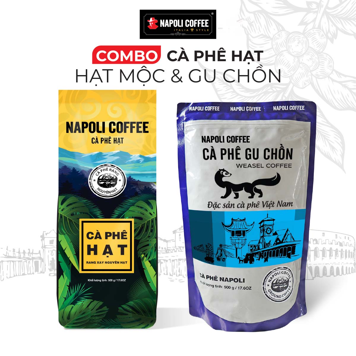 Combo Cà Phê Hạt Robusta/Arabica  + Cà Phê Gu Chồn