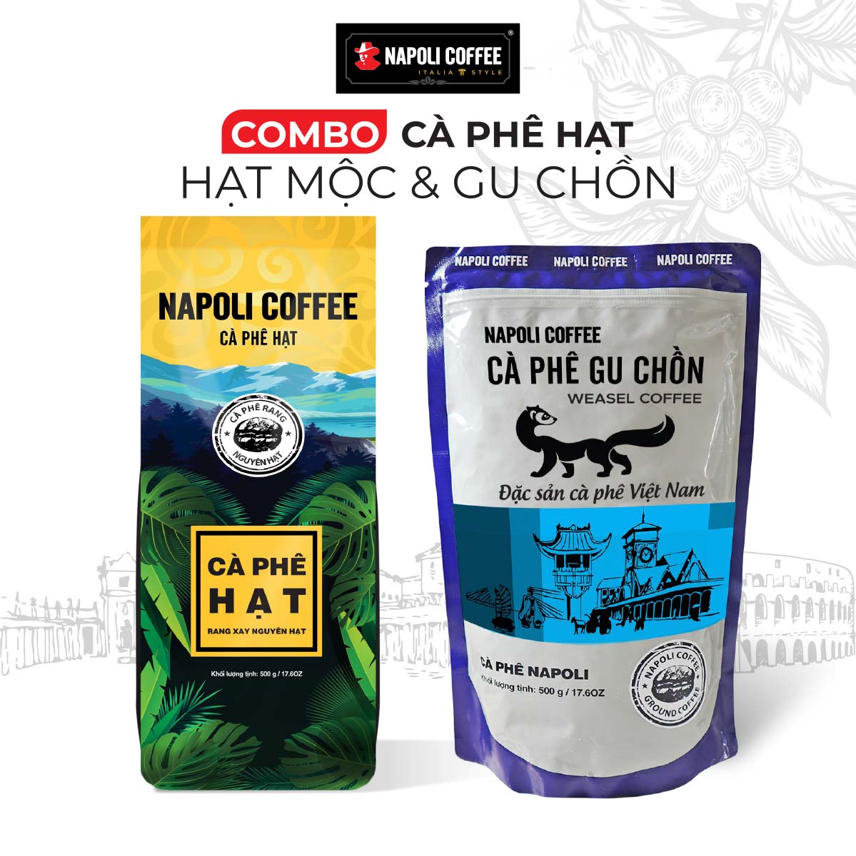 Combo Cà Phê Hạt Robusta/Arabica (Túi 500g) + Cà Phê Gu Chồn (Túi 500g)